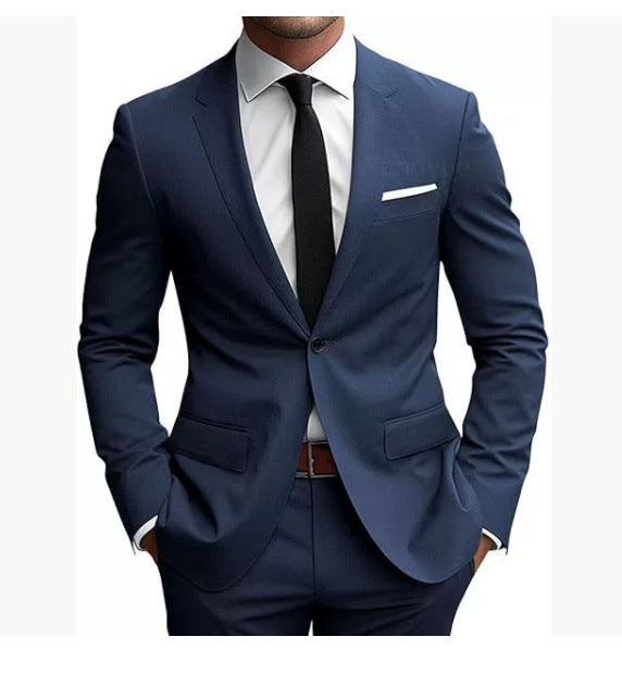 Men's fitted one-button suit set with notched lapels, French flap pockets, and slight stretch content Mune Fashion
