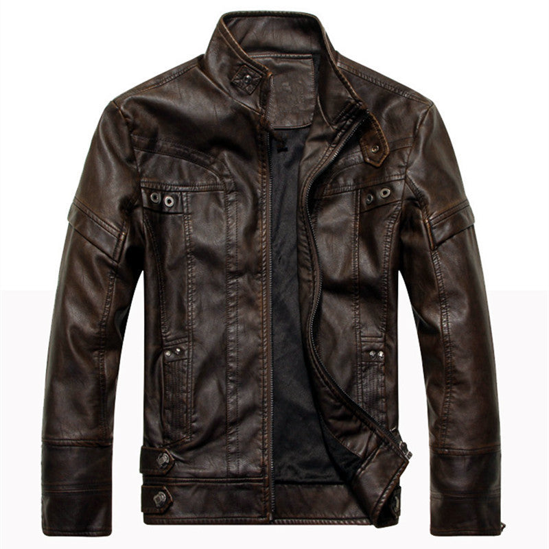 Men's leather jacket in pilot bomber style with stand-up collar, decorative seams, and multiple pockets Mune Fashion