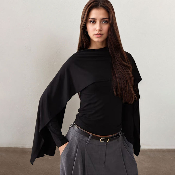 Women's asymmetrical cape long sleeve with high collar and flowing overlay Mune Fashion