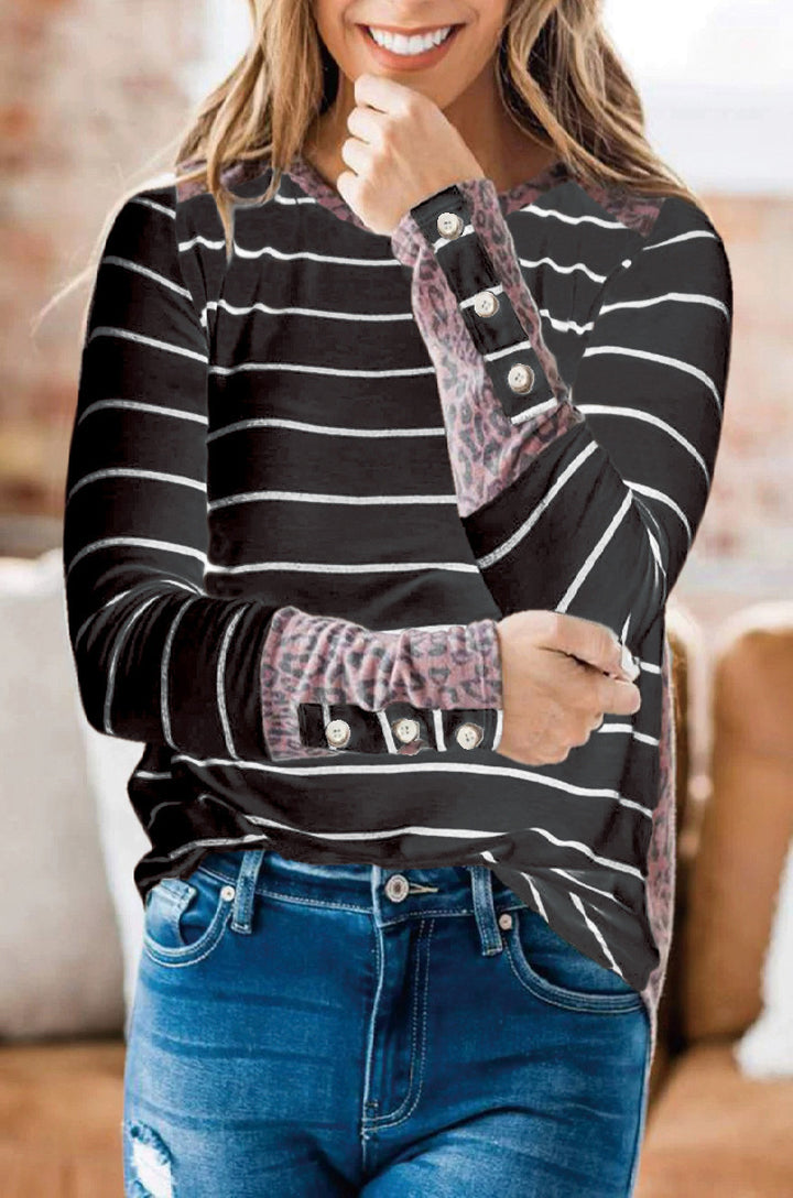 Women's Casual Striped Long Sleeve Shirt with Button Cuffs and Leopard Contrast Mune Fashion