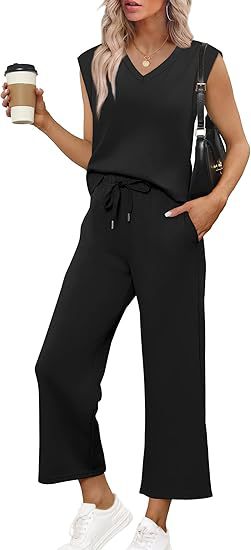 Women Casual Two-Piece Lounge Set with Sleeveless V-Neck Top and Wide Drawstring Pants Mune Fashion