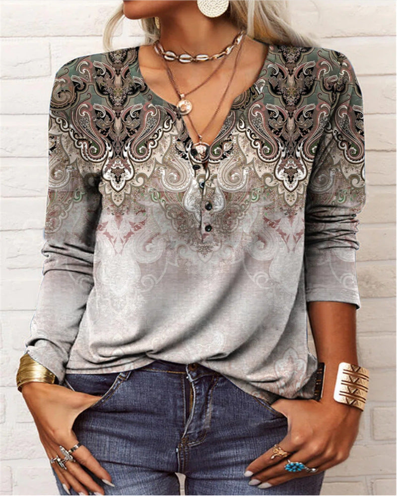 Women Loose Long Sleeve Henley Shirt with V-Neck, Button Placket and Ombre Print Mune Fashion