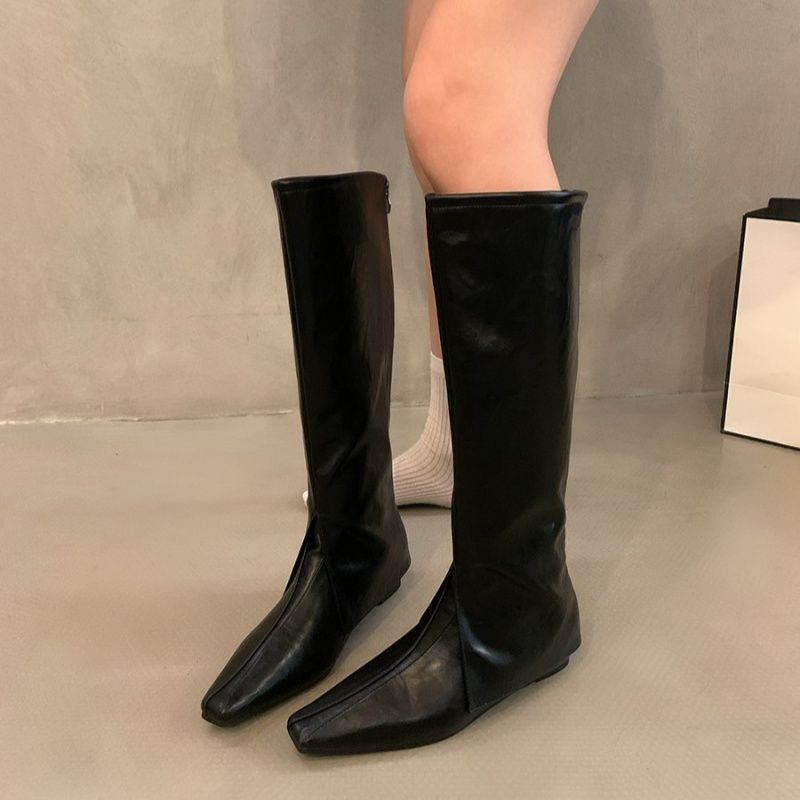 Women's Knee-Length Faux Leather Boots with Square Toe and Flat Sole Mune Fashion