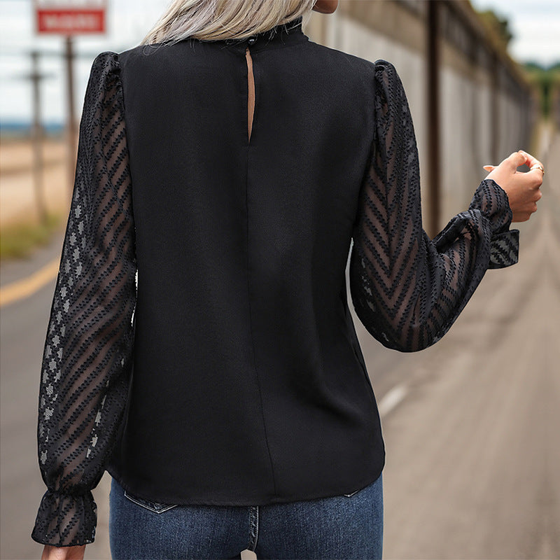 Women's chiffon blouse with stand-up collar, transparent balloon sleeves, and asymmetric button placket Mune Fashion