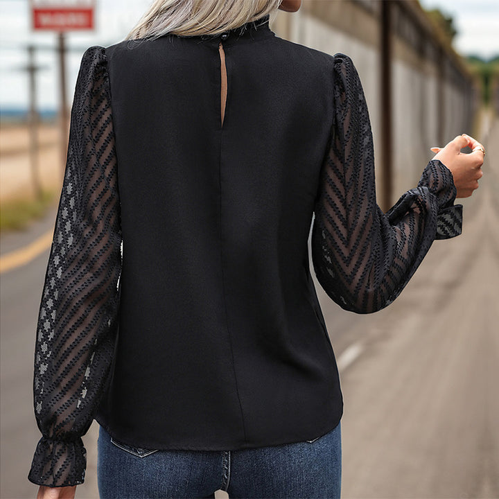 Women's chiffon blouse with stand-up collar, transparent balloon sleeves, and asymmetric button placket Mune Fashion