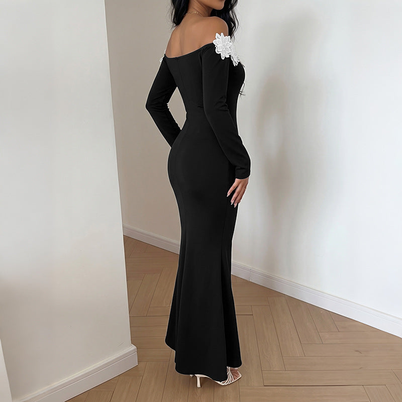 Women Elegant Off-Shoulder Maxi Dress with Lace Inserts Mune Fashion