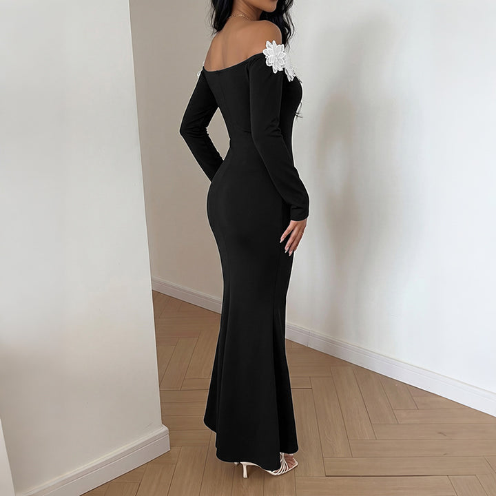 Women Elegant Off-Shoulder Maxi Dress with Lace Inserts Mune Fashion