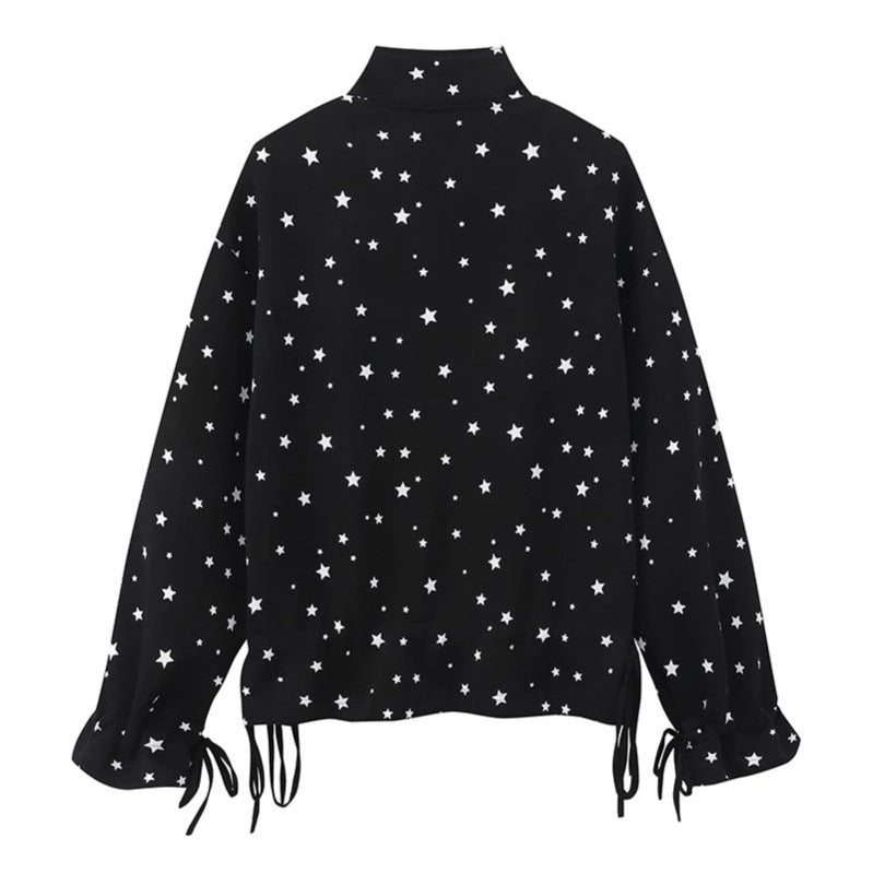 Women's lightweight stand collar sweat jacket with all-over stars, appliques and drawstring Mune Fashion