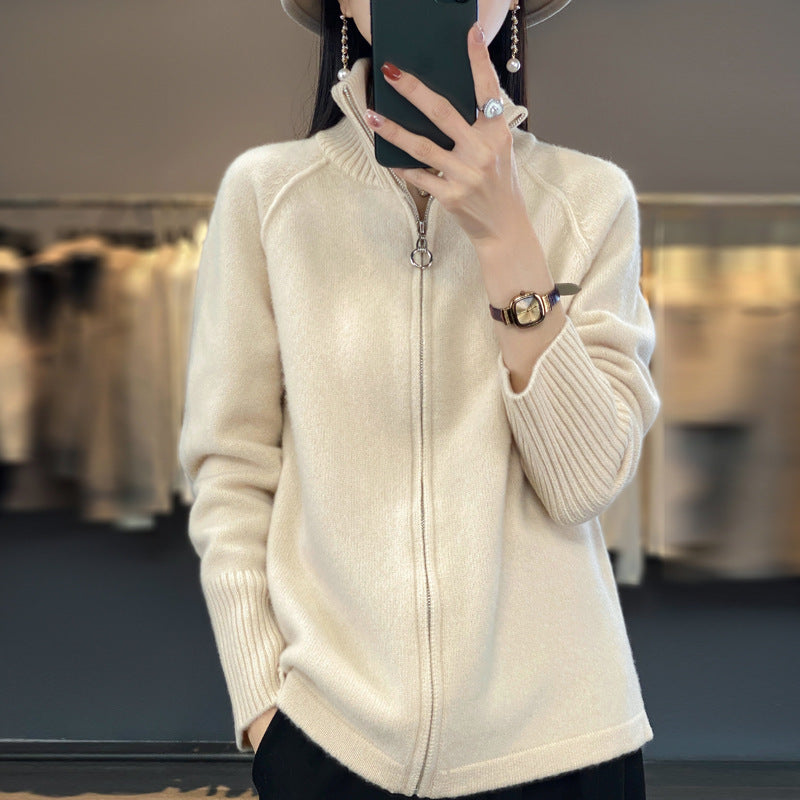Women’s zip cardigan in cashmere look with stand-up collar and ribbed cuffs Mune Fashion