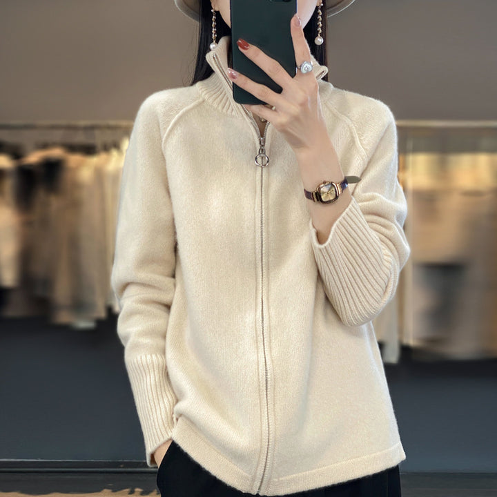 Women’s zip cardigan in cashmere look with stand-up collar and ribbed cuffs Mune Fashion