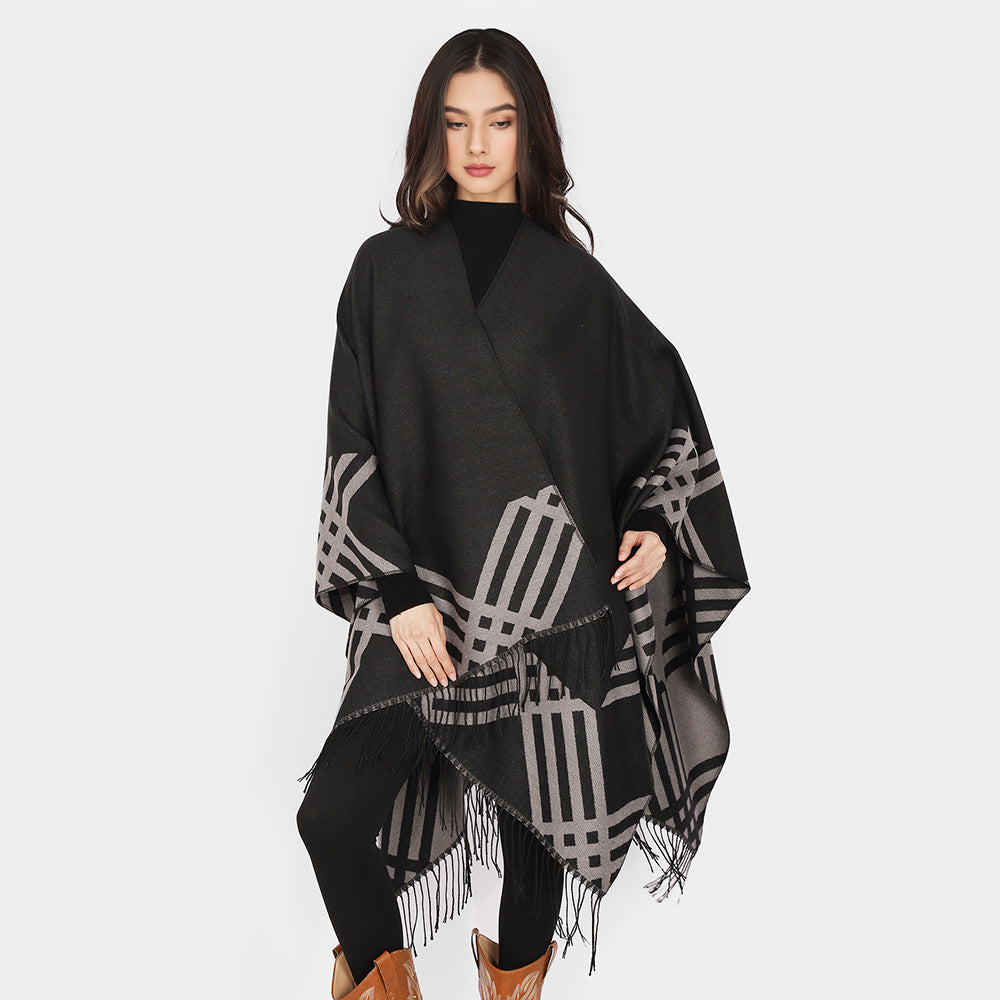 Women's Wool Blend Ruana in Rectangular Cut with Graphic Stripe Jacquard and Fringes