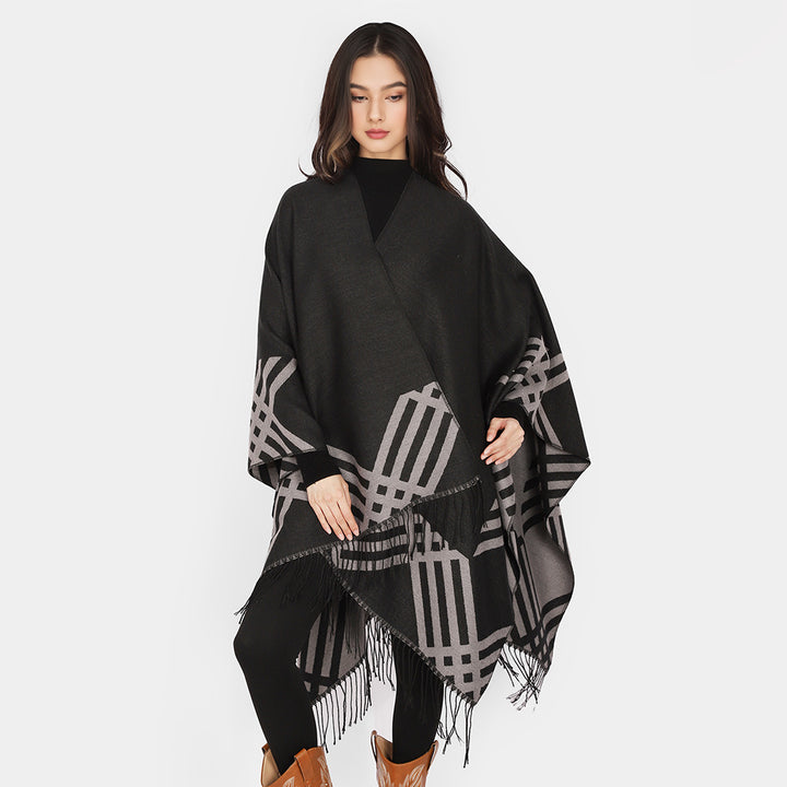 Women's Wool Blend Ruana in Rectangular Cut with Graphic Stripe Jacquard and Fringes