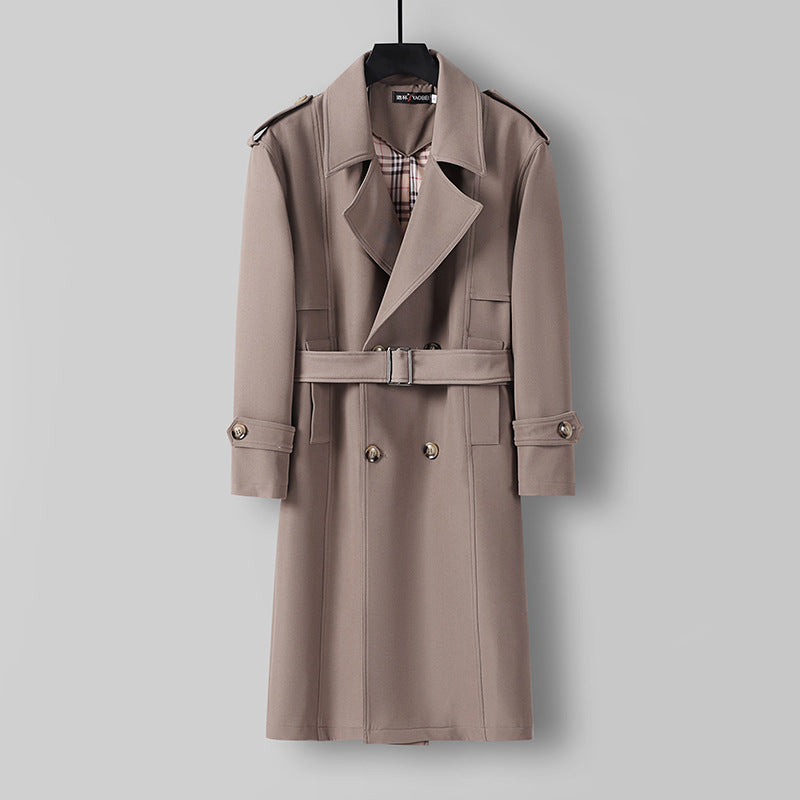 Men's Midi Length Double Breasted Trench Coat with Waist Belt, Notched Lapel and Checked Lining Mune Fashion