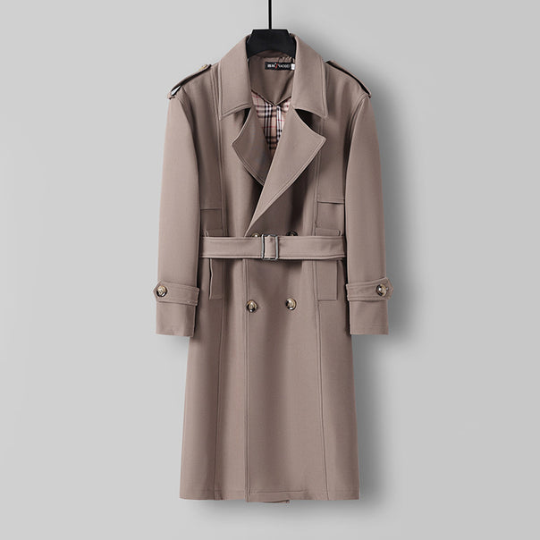 Men's Midi Length Double Breasted Trench Coat with Waist Belt, Notched Lapel and Checked Lining Mune Fashion