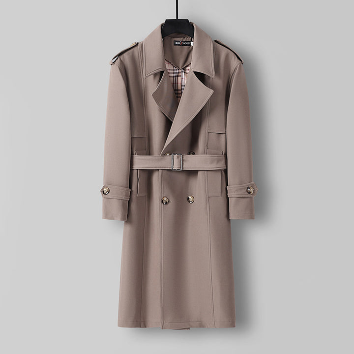 Men's Midi Length Double Breasted Trench Coat with Waist Belt, Notched Lapel and Checked Lining Mune Fashion