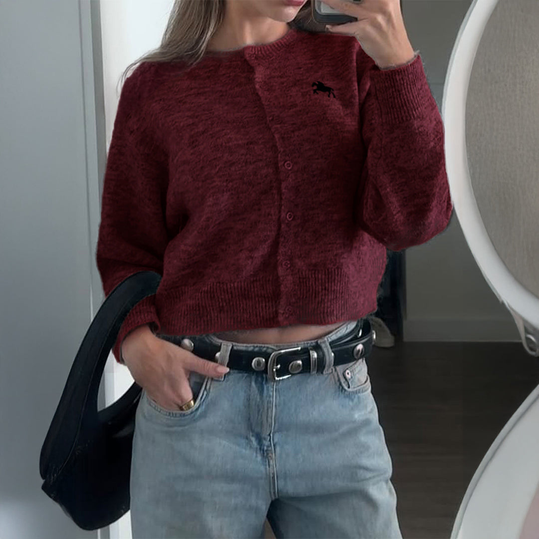 Ladies nan short fine-knit cardigan with round neck, continuous button placket and embroidered horse logo Mune Fashion