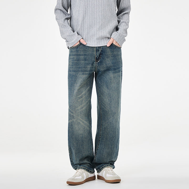 Men's straight cut wide jeans with high waistband and vintage wash Mune Fashion