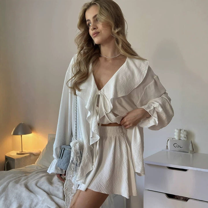 Women's Playful Ruffle Set made of lightweight Crepe Quality with Tie Blouse and A-Line Mini Skirt Mune Fashion