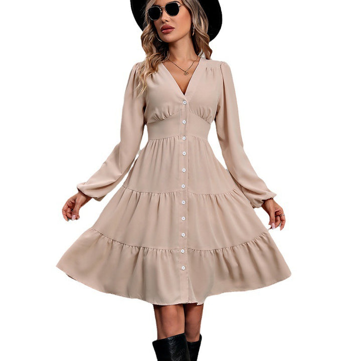 Ladies long sleeve dress with V-neck and ruffles Mune Fashion