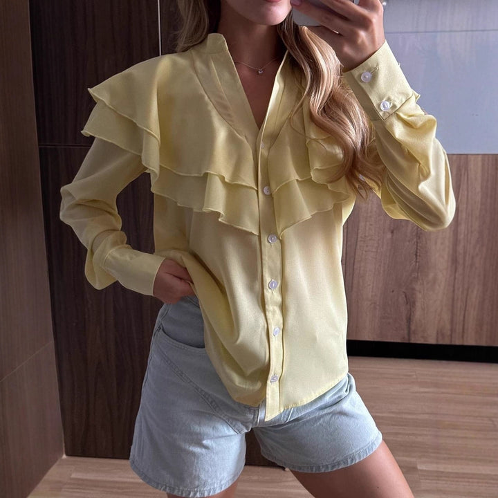 Women's chiffon blouse with layered ruffle and pearl buttons Mune Fashion