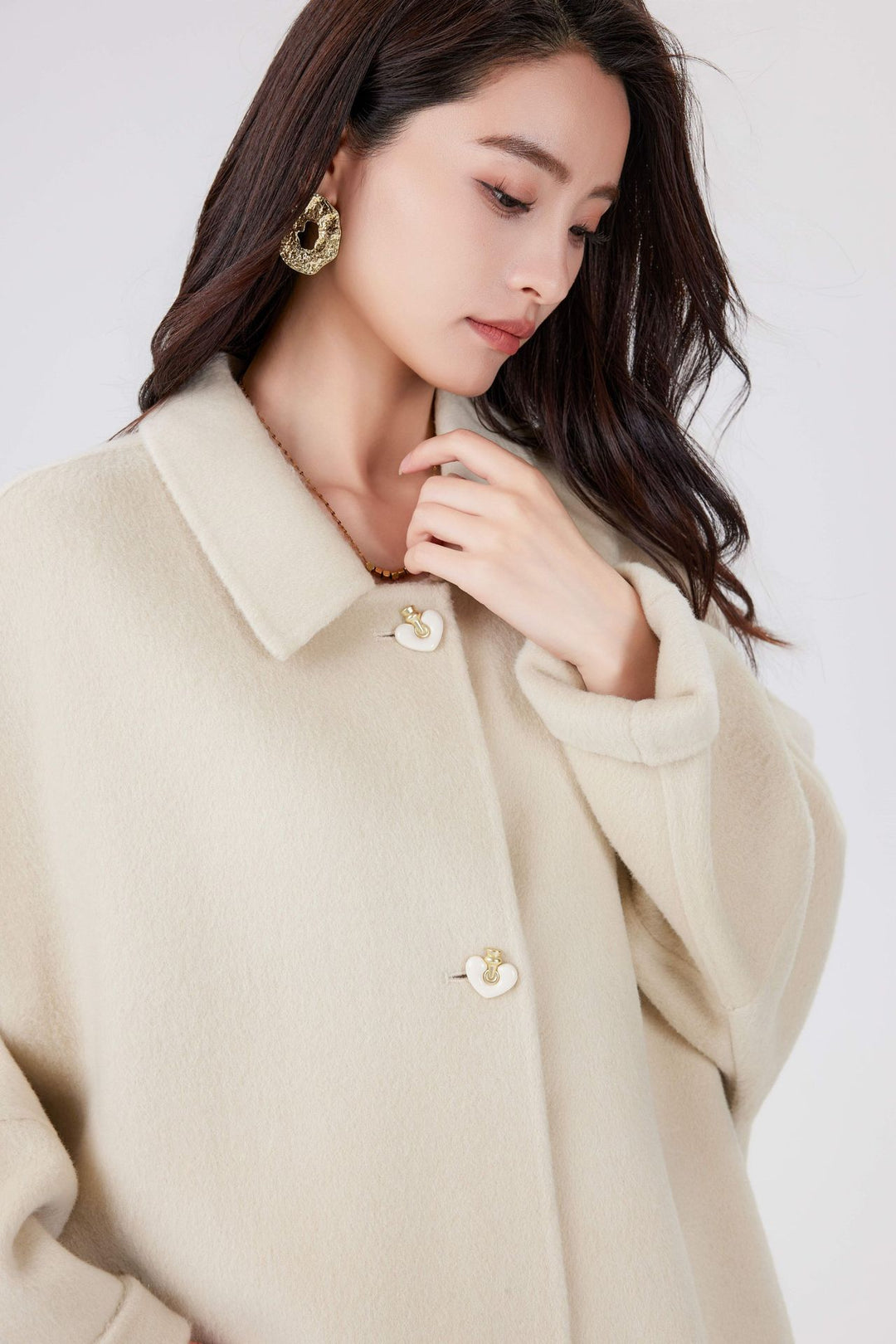 Women's Short Wool Blend Boxy Coat with Decorative Heart Buttons Mune Fashion
