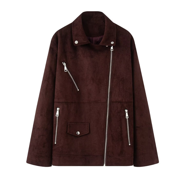 Women Asymmetrical Suede Leather Look Biker Jacket with Stand-Up Collar and Zippers Mune Fashion