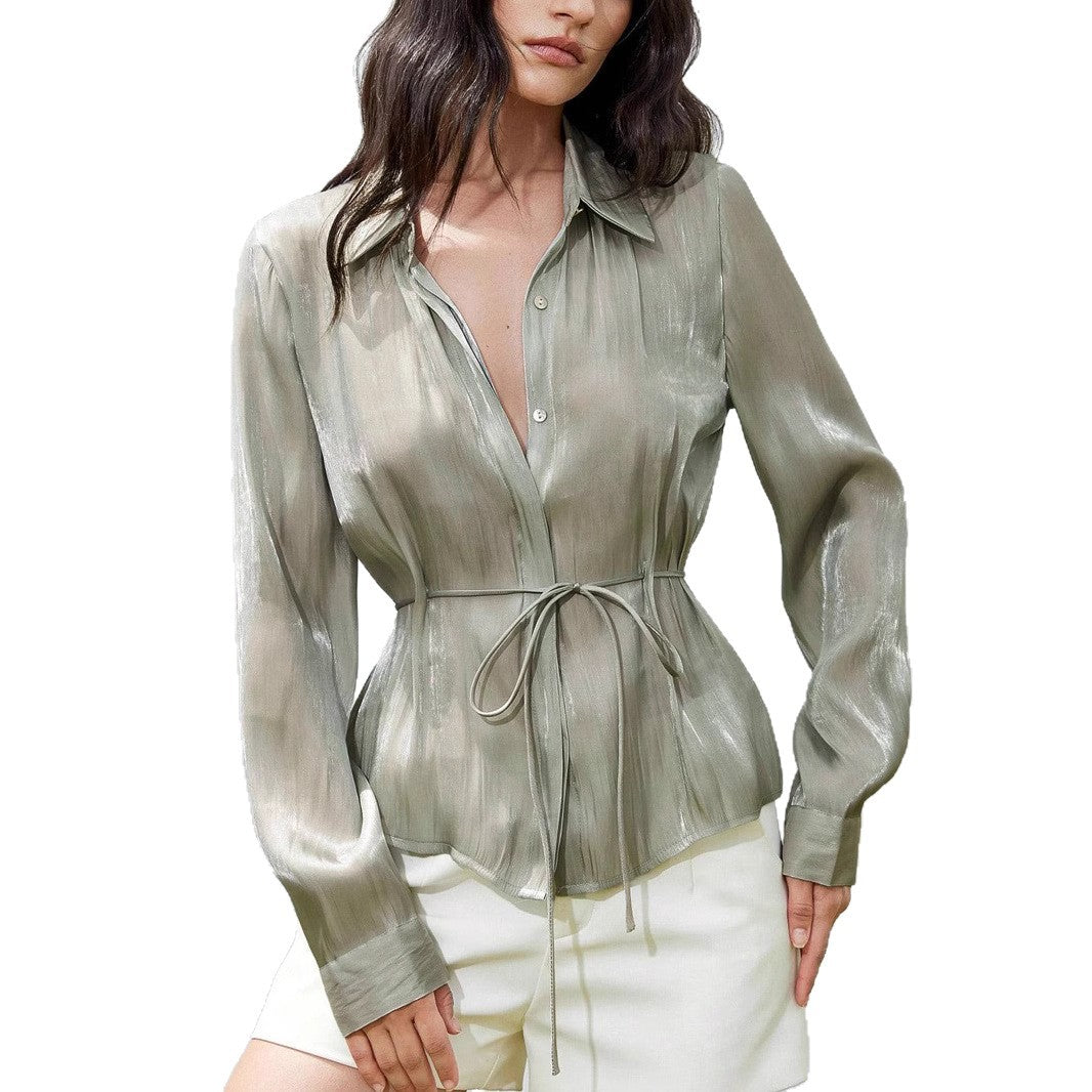 Ladies Satin Finish Tailored Blouse with Drawstring Mune Fashion