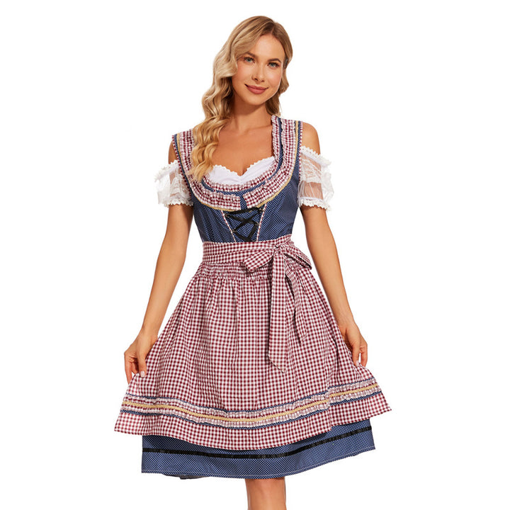 Ladies traditional dirndl dress with checked apron skirt, lacing and lace sleeves Mune Fashion