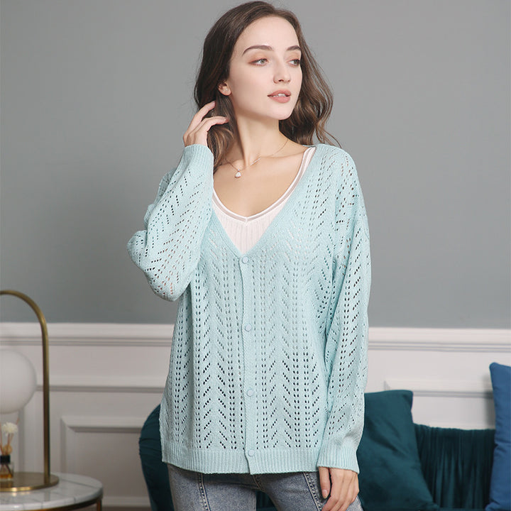 Women's Lightweight Lace Knit Cardigan with Deep V-Neck and Button Placket Mune Fashion