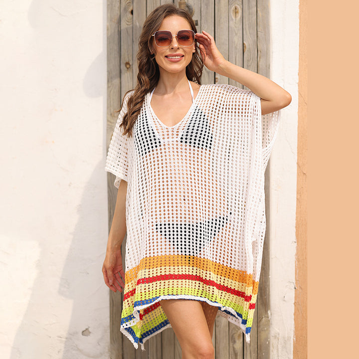 Women airy crochet beach cover-up with colorful accents Mune Fashion