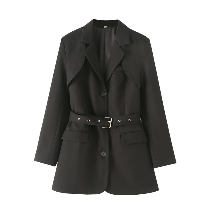 Women's tailored belted blazer with asymmetrical shawl collar and flap pockets Mune Fashion