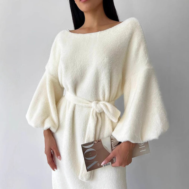 Women's Cozy Midi Dress with Tied Belt and Balloon Sleeves Mune Fashion