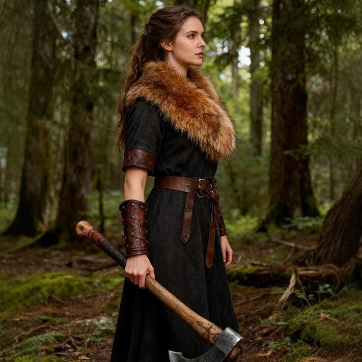 Ladies Medieval Faux Leather Breastplate with Embossed Ornamentation and Faux Fur Shoulder Collar Mune Fashion