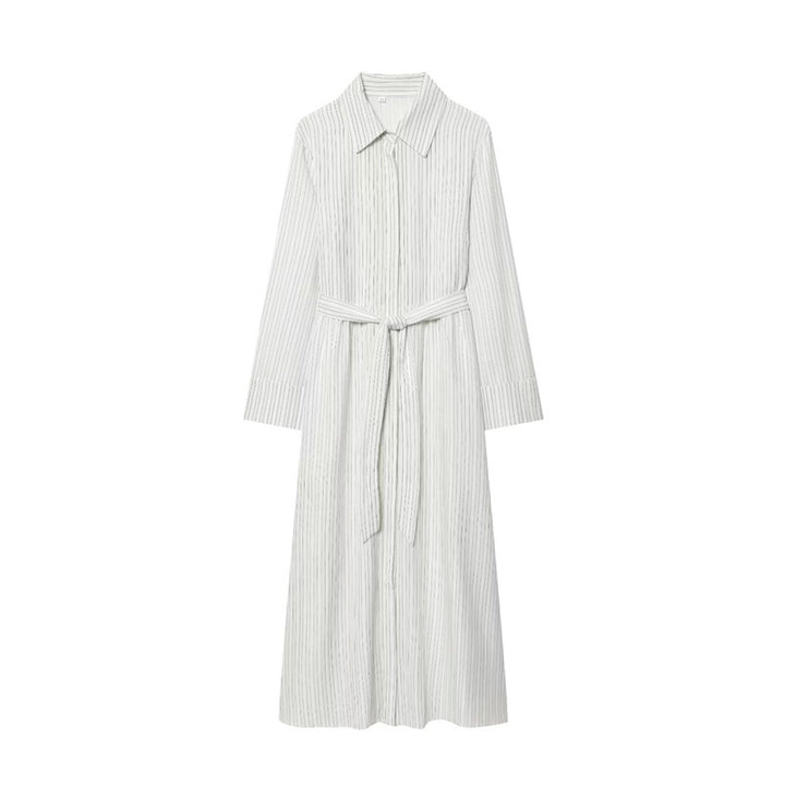 Women Long Shirt Dress with Waist Belt and Continuous Button Placket Mune Fashion