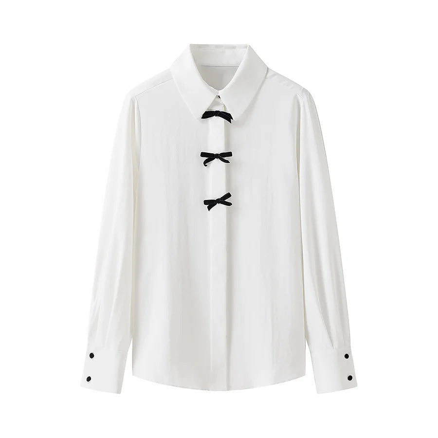 Women nan minimalist cotton blend blouse with concealed button placket and decorative bows at the front Mune Fashion