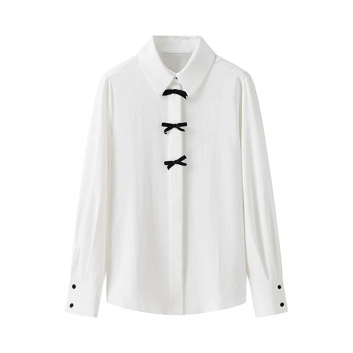 Women nan minimalist cotton blend blouse with concealed button placket and decorative bows at the front Mune Fashion