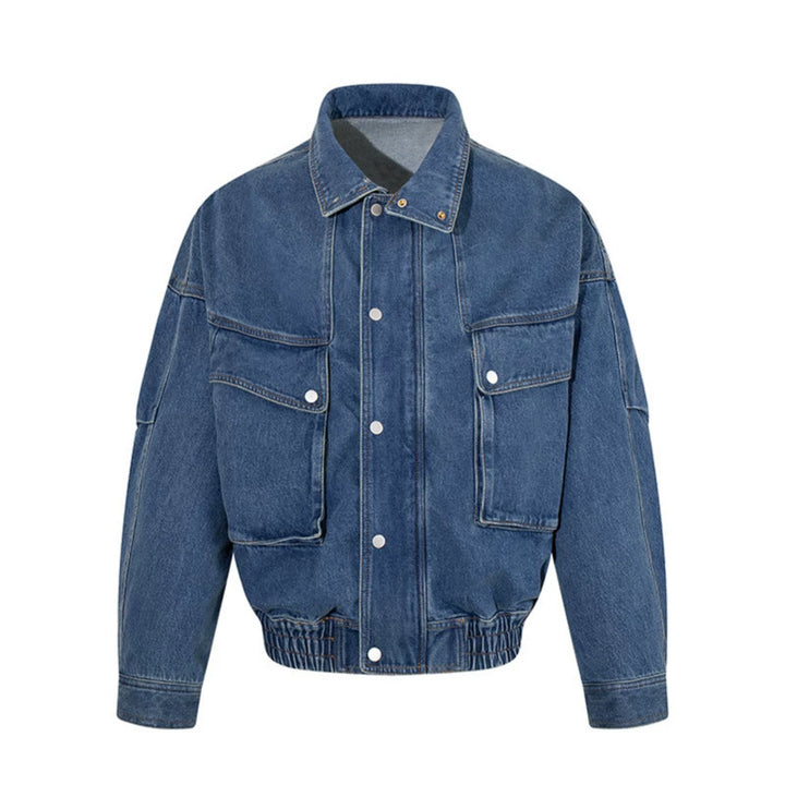 Women's Oversized Denim Jacket with Stand-up Collar, Press Stud Placket and Patch Cargo Pockets Mune Fashion