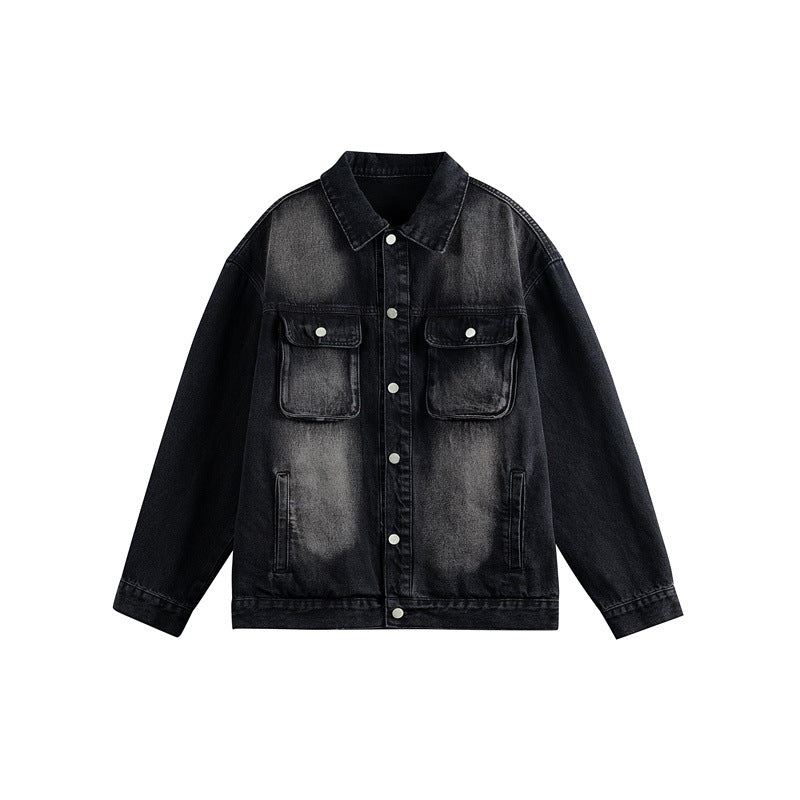 Men's Oversized Denim Jacket with Distressed Wash, Flap Chest Pockets and Button Closure Mune Fashion