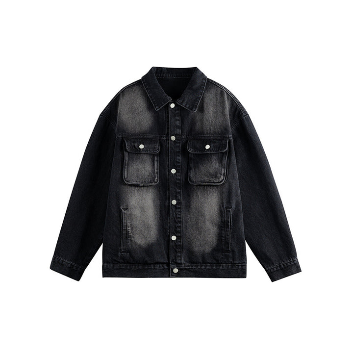 Men's Oversized Denim Jacket with Distressed Wash, Flap Chest Pockets and Button Closure Mune Fashion