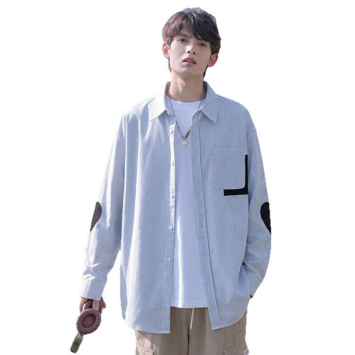 Men's oversized shirt with fine pinstripe, contrast pocket, and elbow patches Mune Fashion