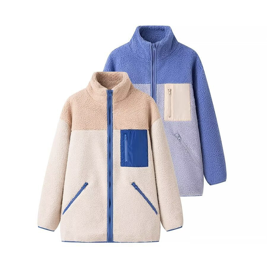 Women's Oversize Teddy-Fleece Jacket with Color Block, Stand Collar and Zipper Pockets Mune Fashion