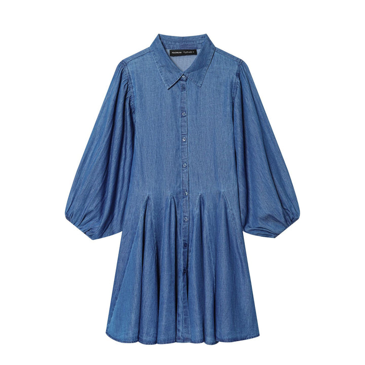 Ladies' loose shirt dress in chambray look with balloon sleeves and waist pleats Mune Fashion