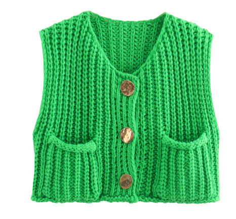 Women's Chunky Knit Cropped Vest with V-Neck and Gold Decorative Buttons Mune Fashion