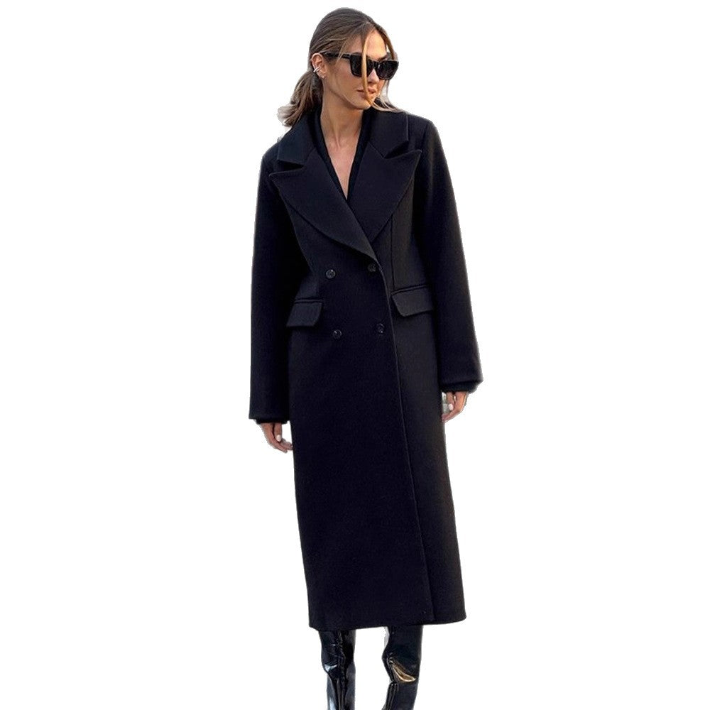 Women's Mid-length Double-breasted Wool Blend Coat with Distinctive Lapels and Tailored Fit Mune Fashion