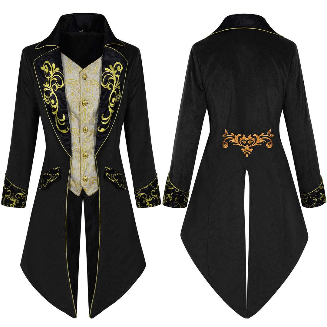 Men's elegant tailcoat in Baroque style with gold-embroidered lapels and split tail.