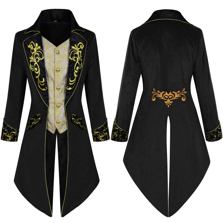 Men's elegant tailcoat in Baroque style with gold-embroidered lapels and split tail.