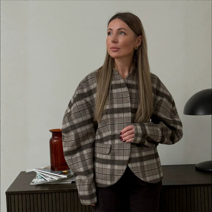 Women's Checked Boxy Blazer with Voluminous Balloon Sleeves Mune Fashion