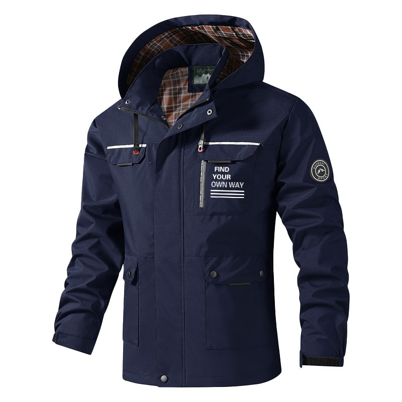 Men's Breathable Water-Resistant Hooded Outdoor Jacket with Checked Lining, Multifunctional Pockets & Adjustable Hood Mune Fashion