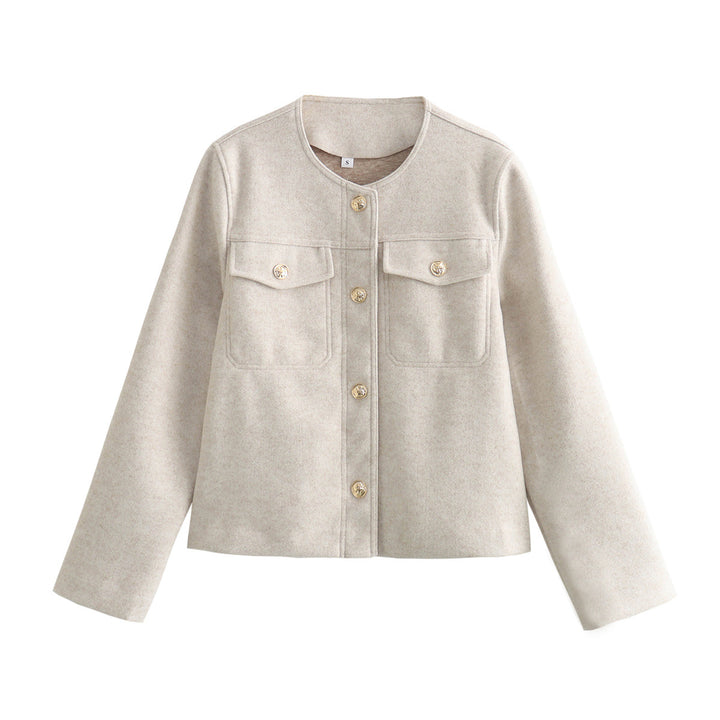 Women's structured short jacket with round neck, breast pockets, and decorative metal button strip Mune Fashion