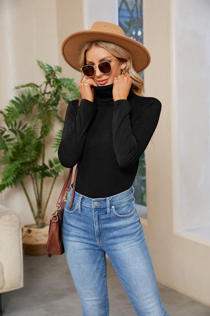 Women Fitted Stretch Jersey Turtleneck Top with Long Sleeve